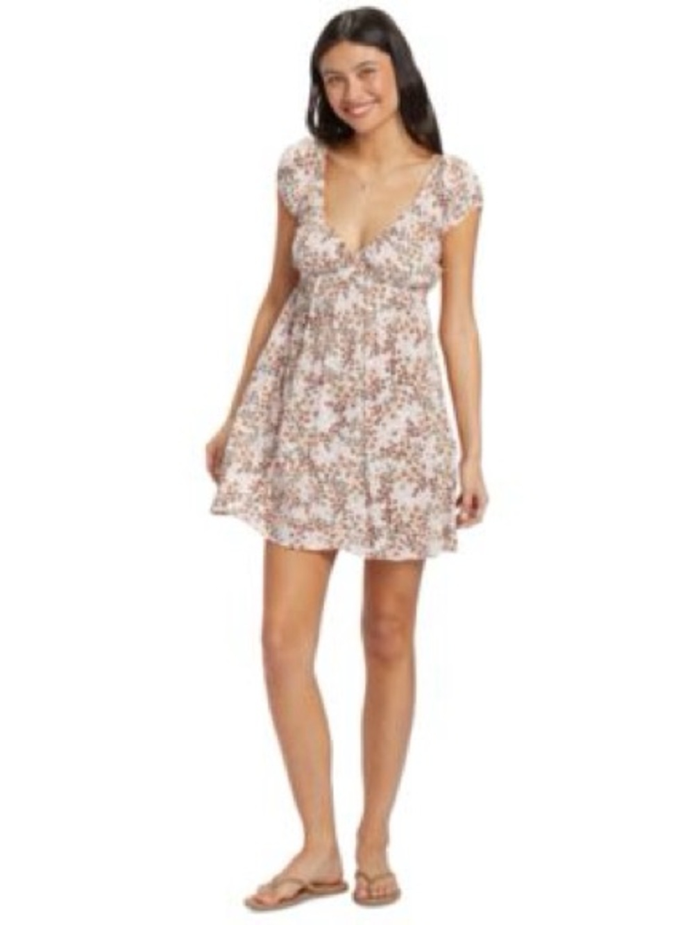 Roxy Floral V-Neck Mini Dress in Cream, Brown and Pink